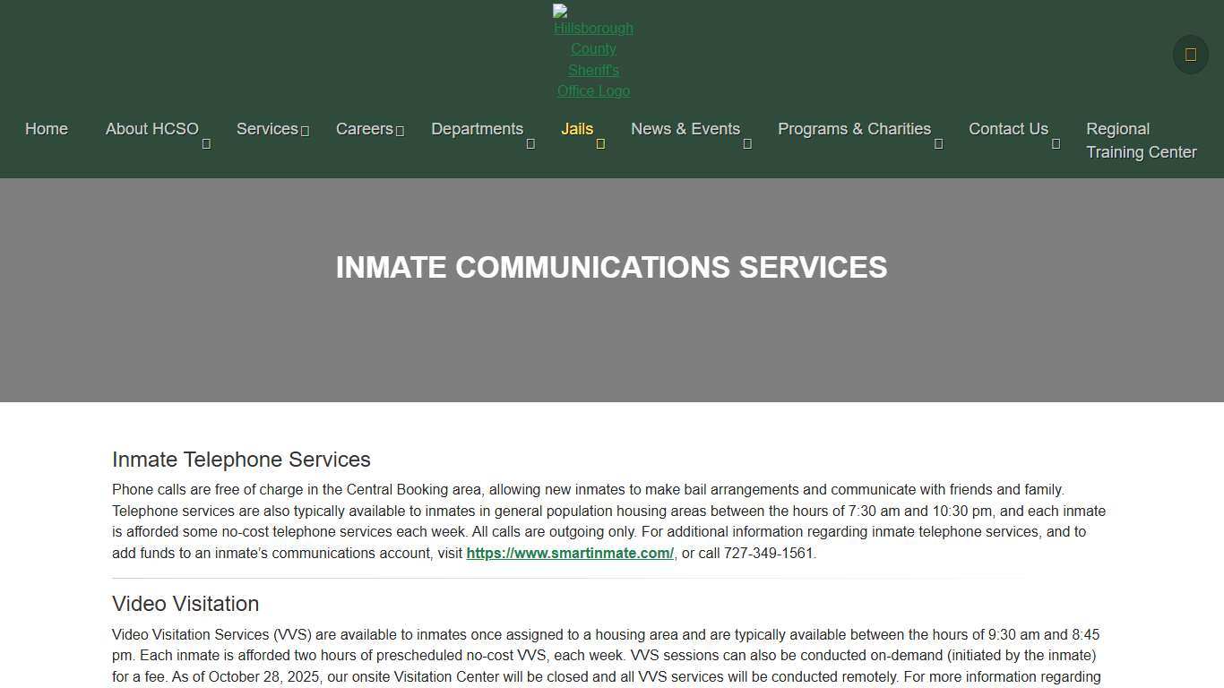 Inmate Communications Services HCSO, Tampa FL